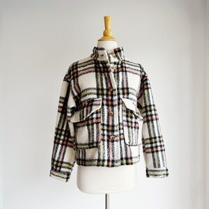 BAGATELLE Cream Plaid Fleece Cropped Jacket Size Medium